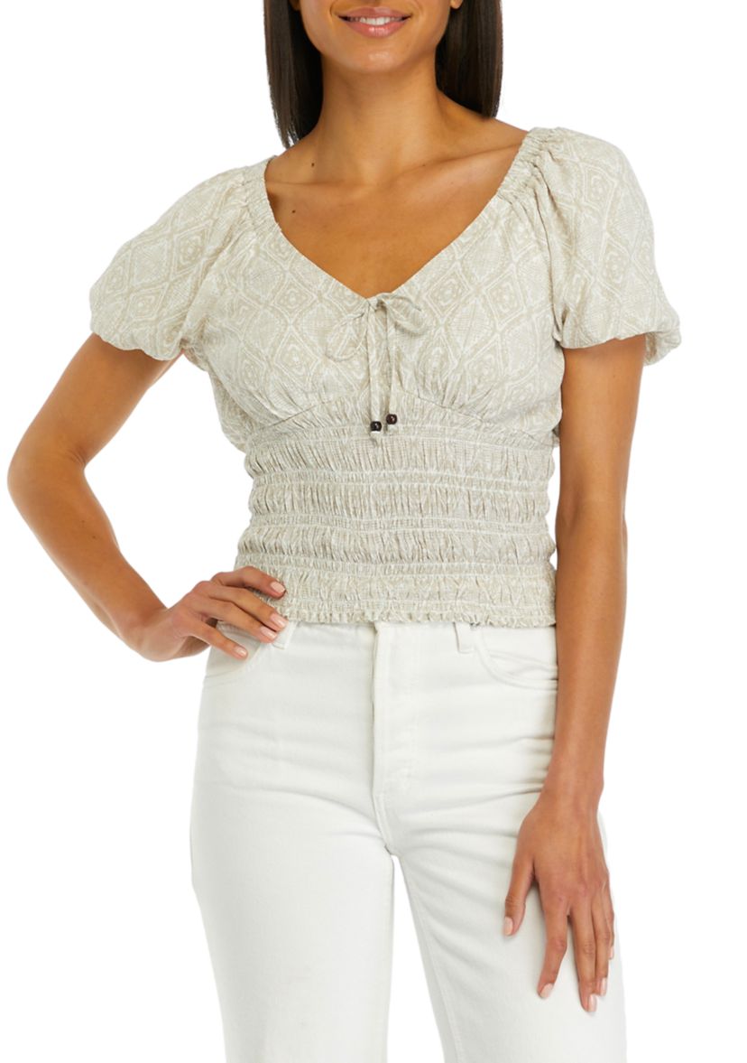 Juniors Smocked Bodice Short Sleeve Top