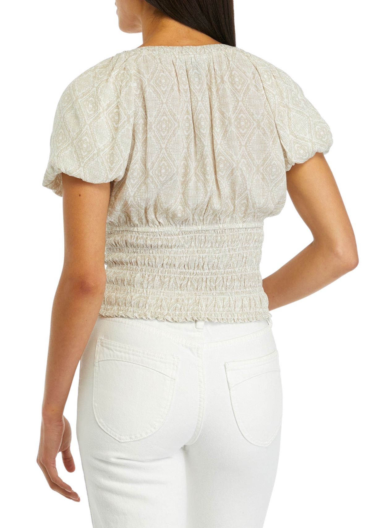 Juniors Smocked Bodice Short Sleeve Top