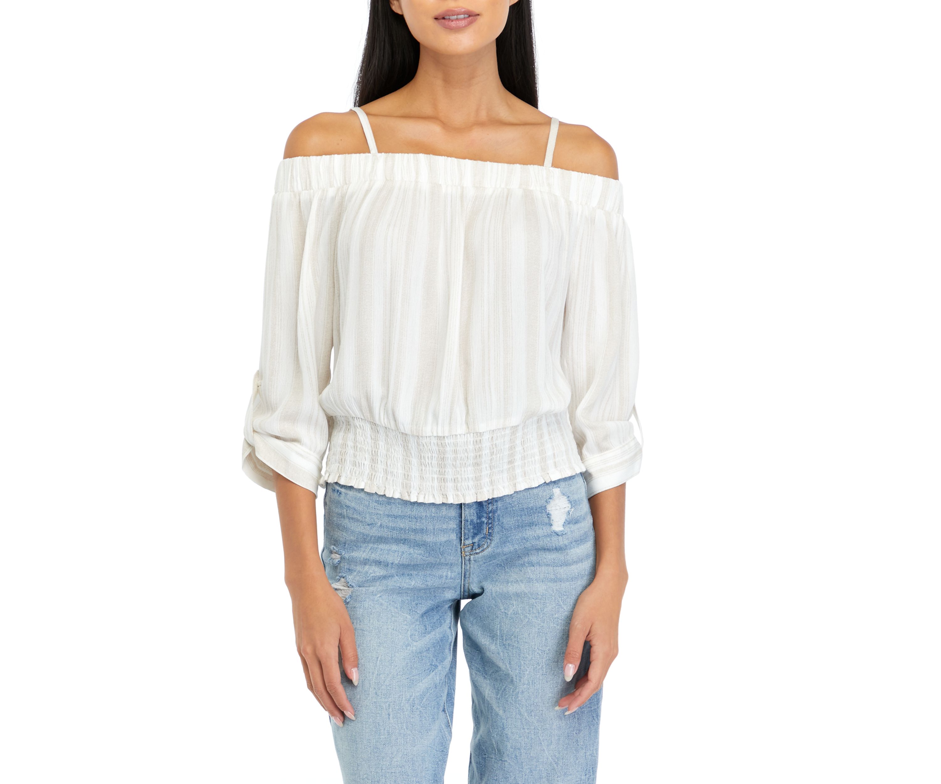 Juniors Off the Shoulder Stripe Top