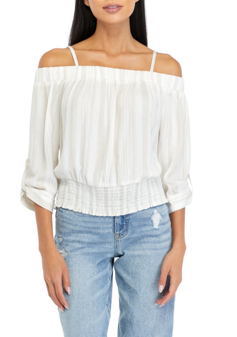 Juniors Off the Shoulder Stripe Top