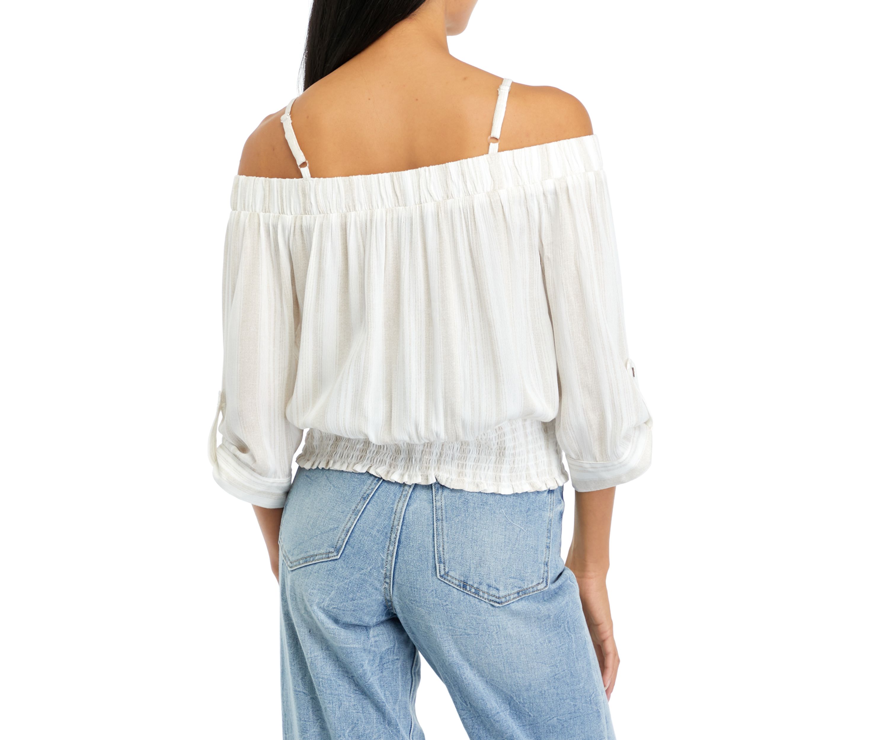 Juniors Off the Shoulder Stripe Top