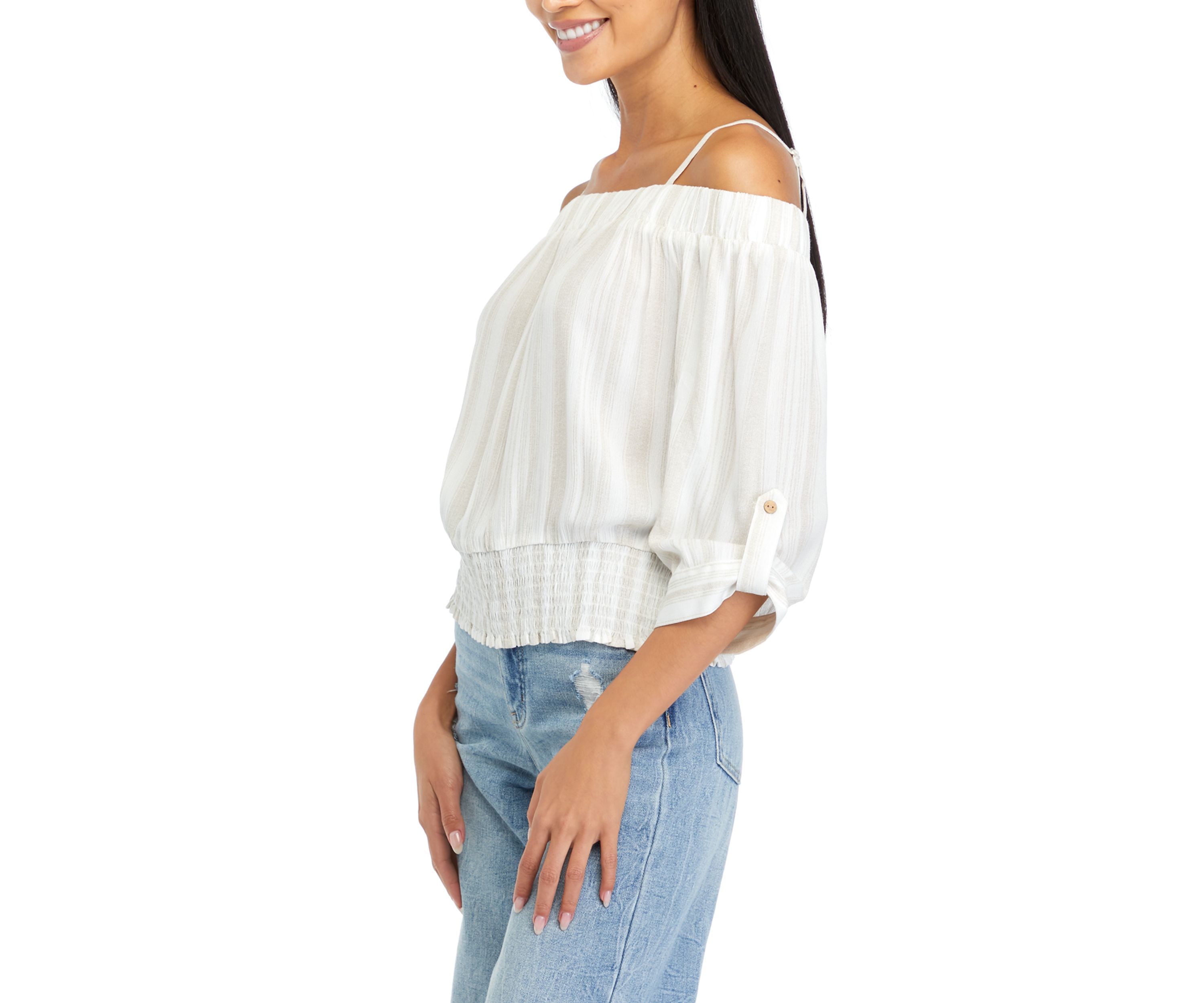 Juniors Off the Shoulder Stripe Top