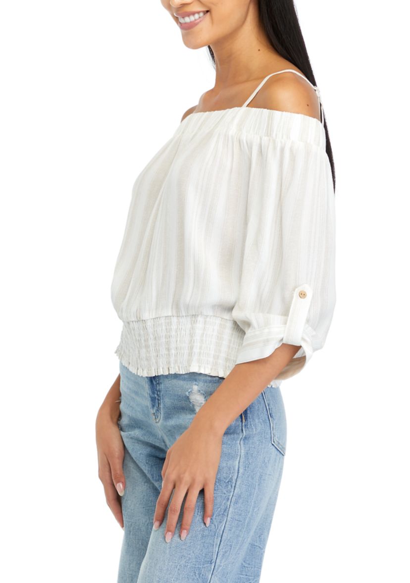 Juniors Off the Shoulder Stripe Top