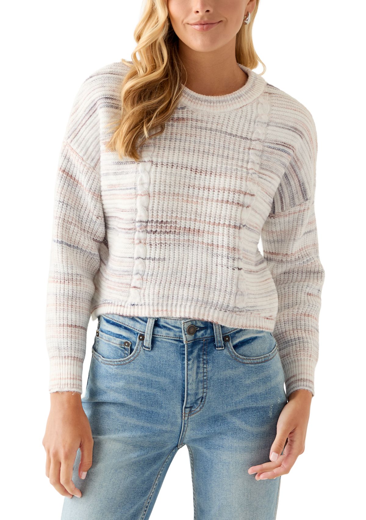 Womens Striped Cropped Cable Sweater