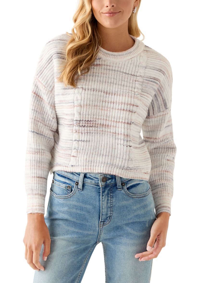 Womens Striped Cropped Cable Sweater