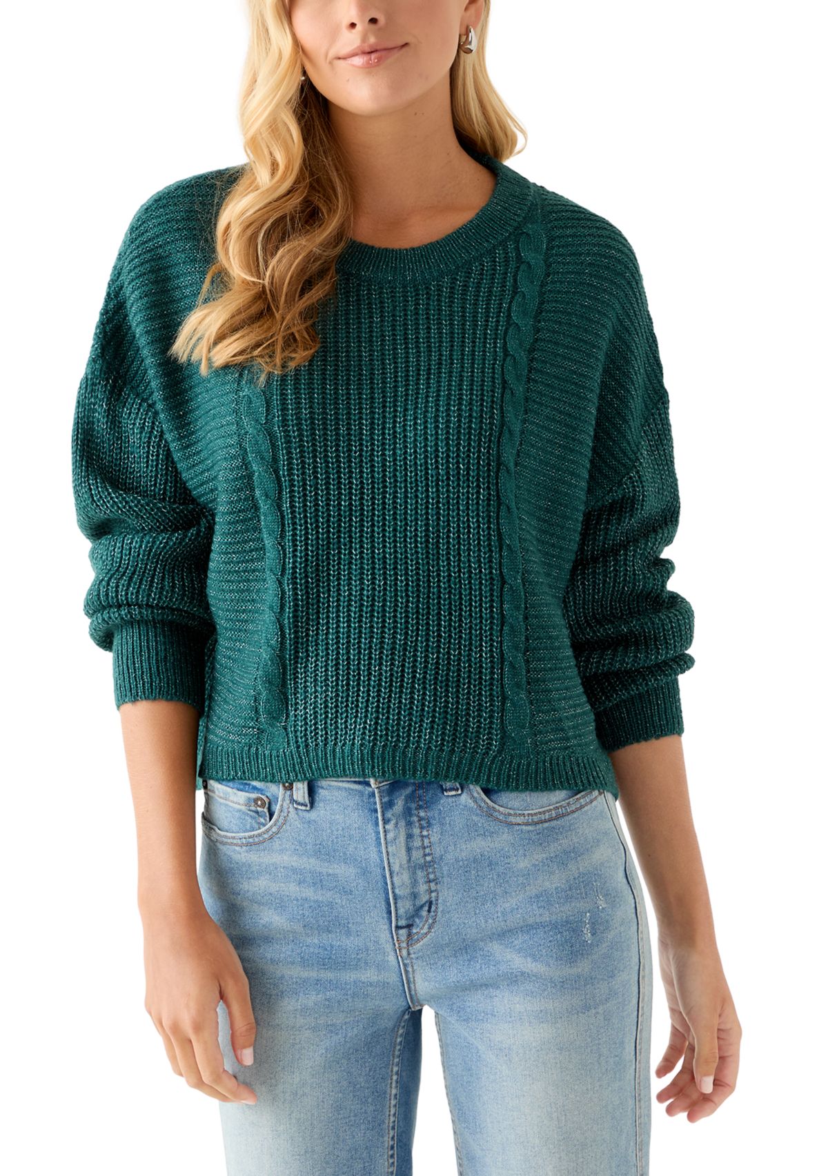Womens Cropped Crew Neck Cable Sweater