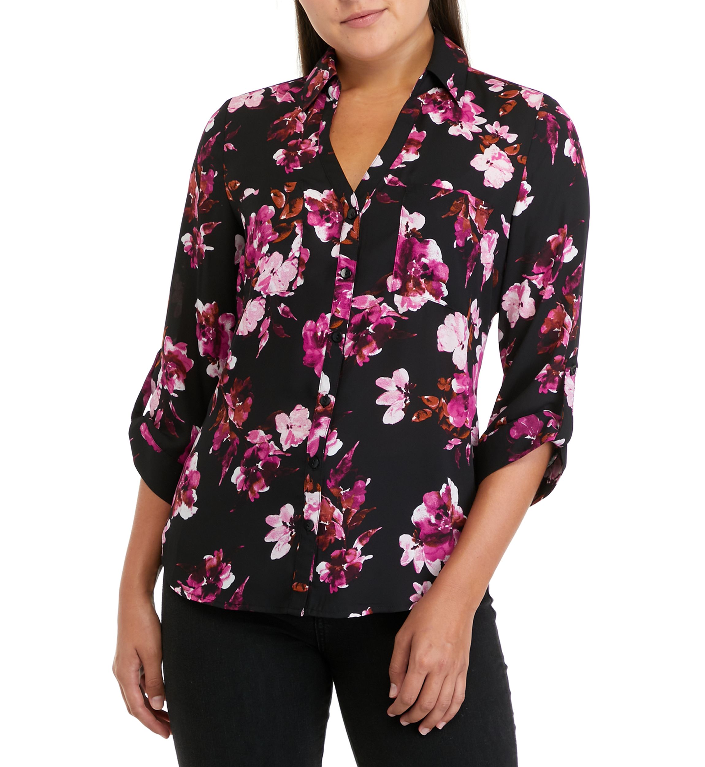 Juniors 3/4 Sleeve Floral Print Portofino Button Down Shirt