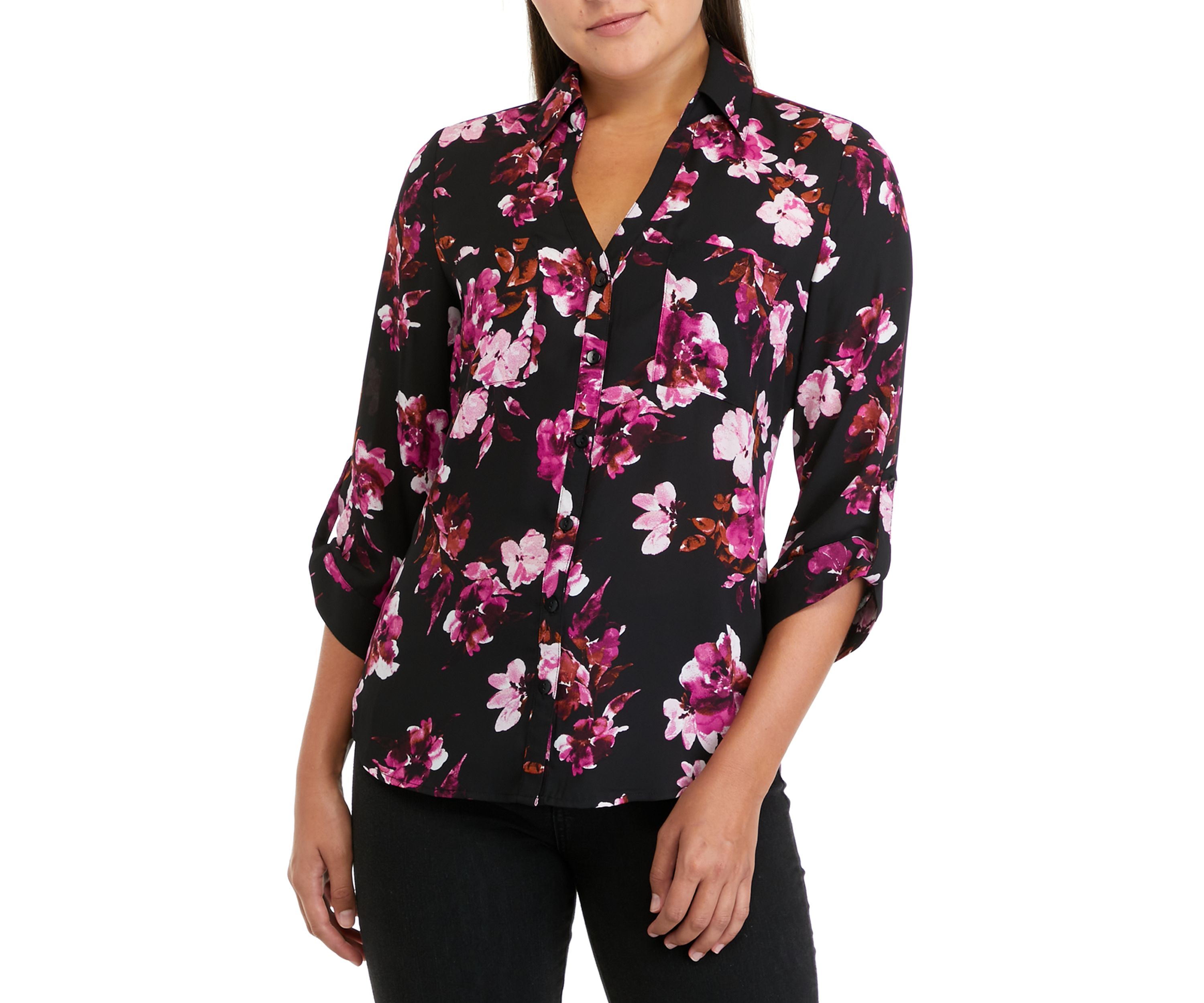 Juniors 3/4 Sleeve Floral Print Portofino Button Down Shirt