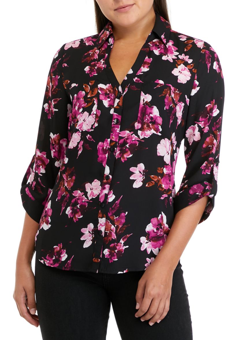 Juniors 3/4 Sleeve Floral Print Portofino Button Down Shirt