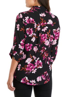 Juniors' 3/4 Sleeve Floral Print Portofino Button Down Shirt