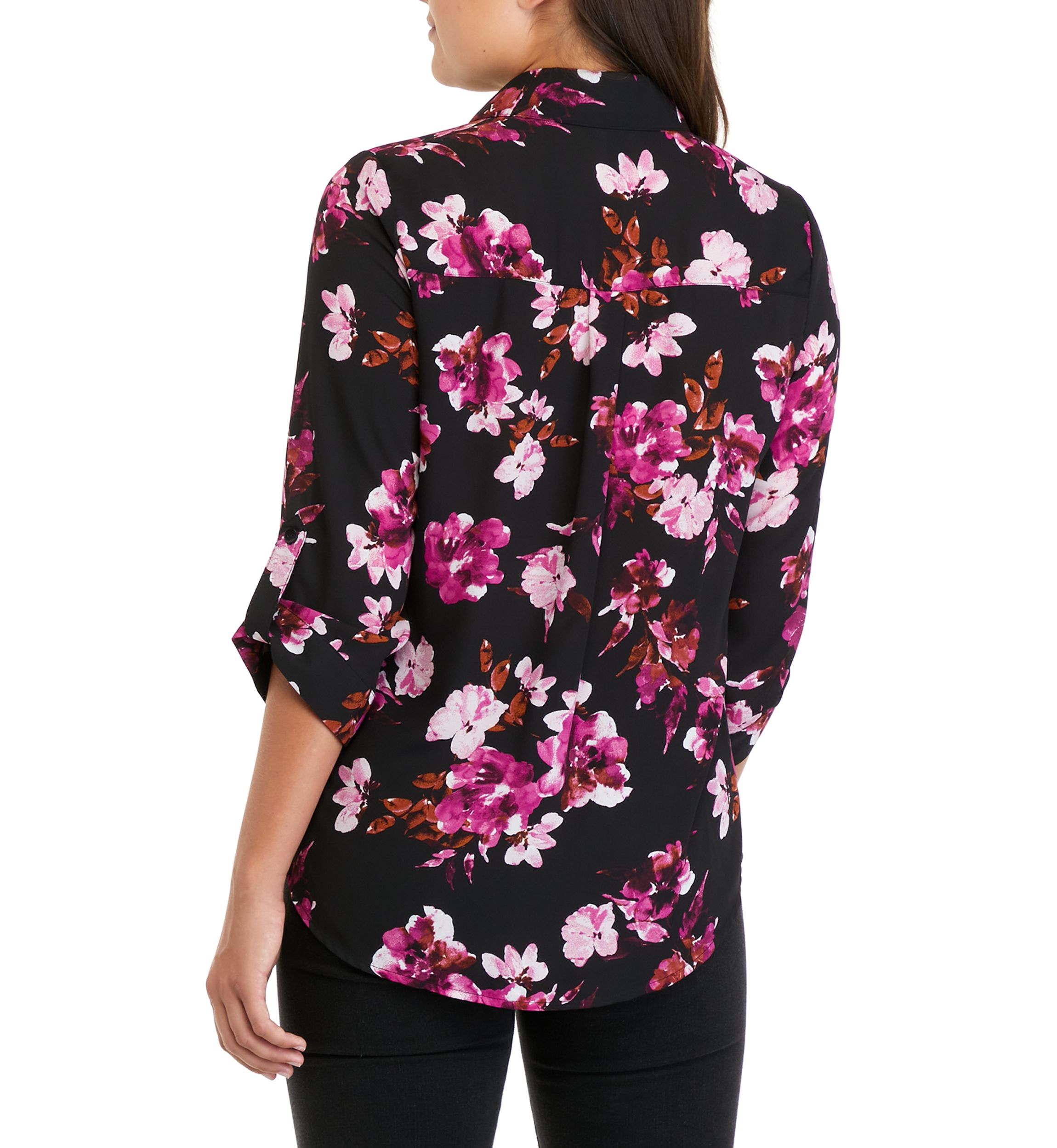 Juniors 3/4 Sleeve Floral Print Portofino Button Down Shirt