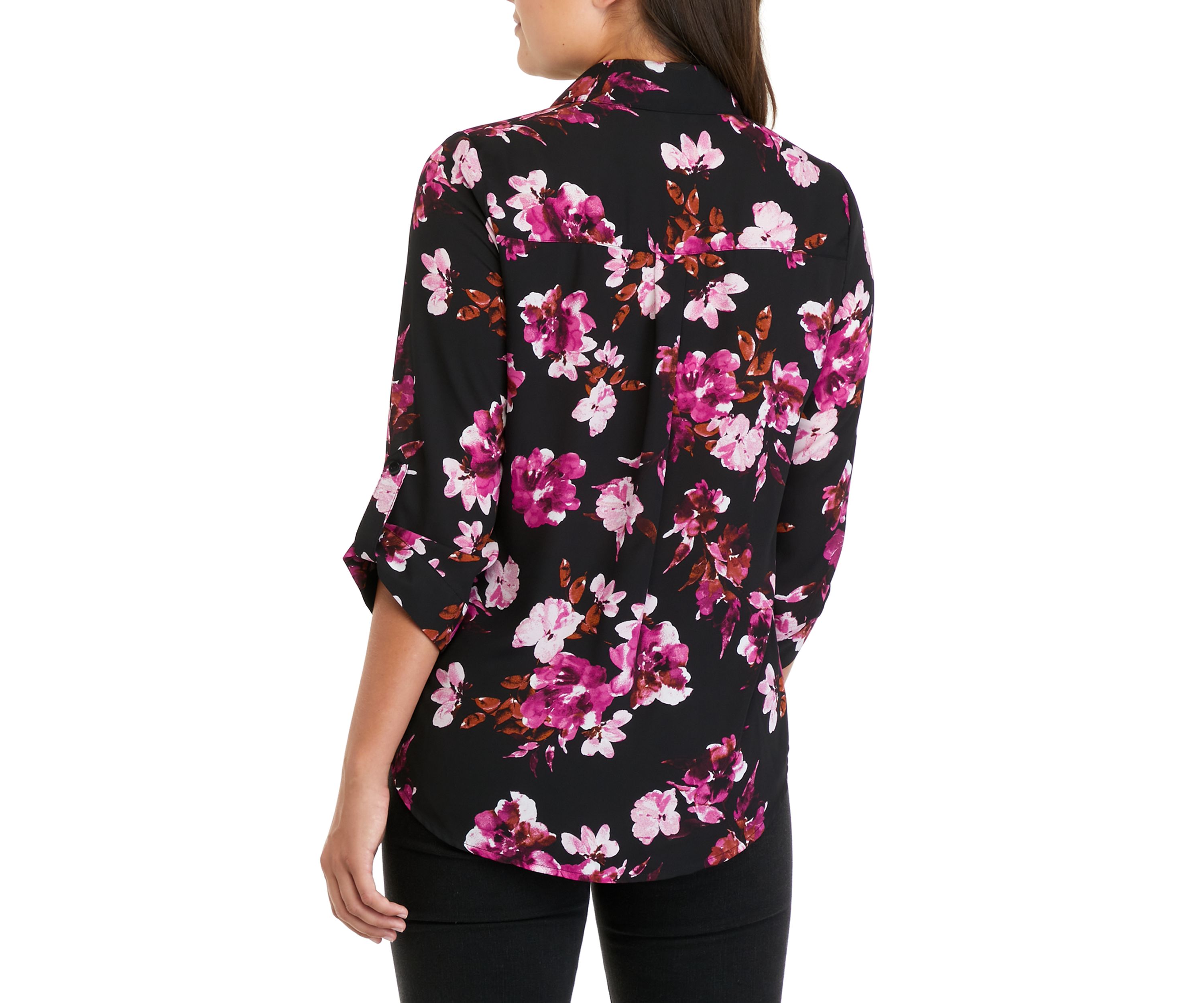Juniors 3/4 Sleeve Floral Print Portofino Button Down Shirt