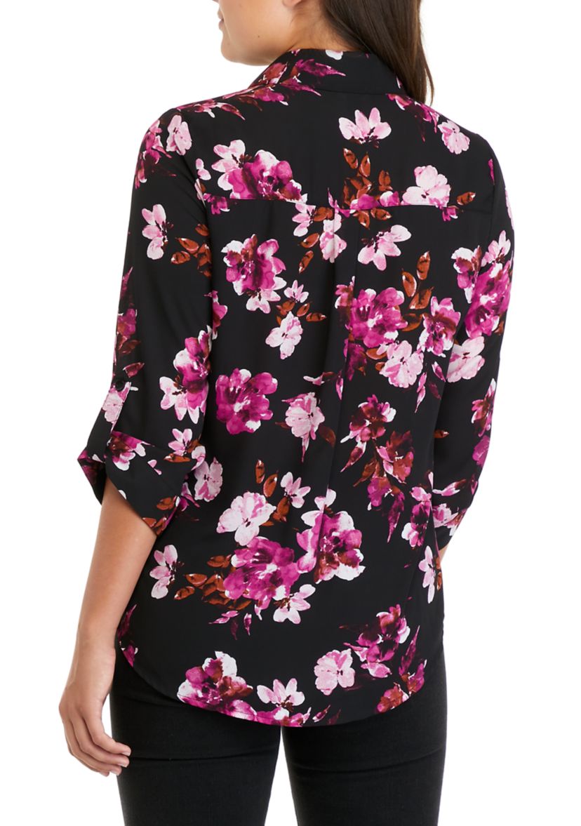Juniors 3/4 Sleeve Floral Print Portofino Button Down Shirt