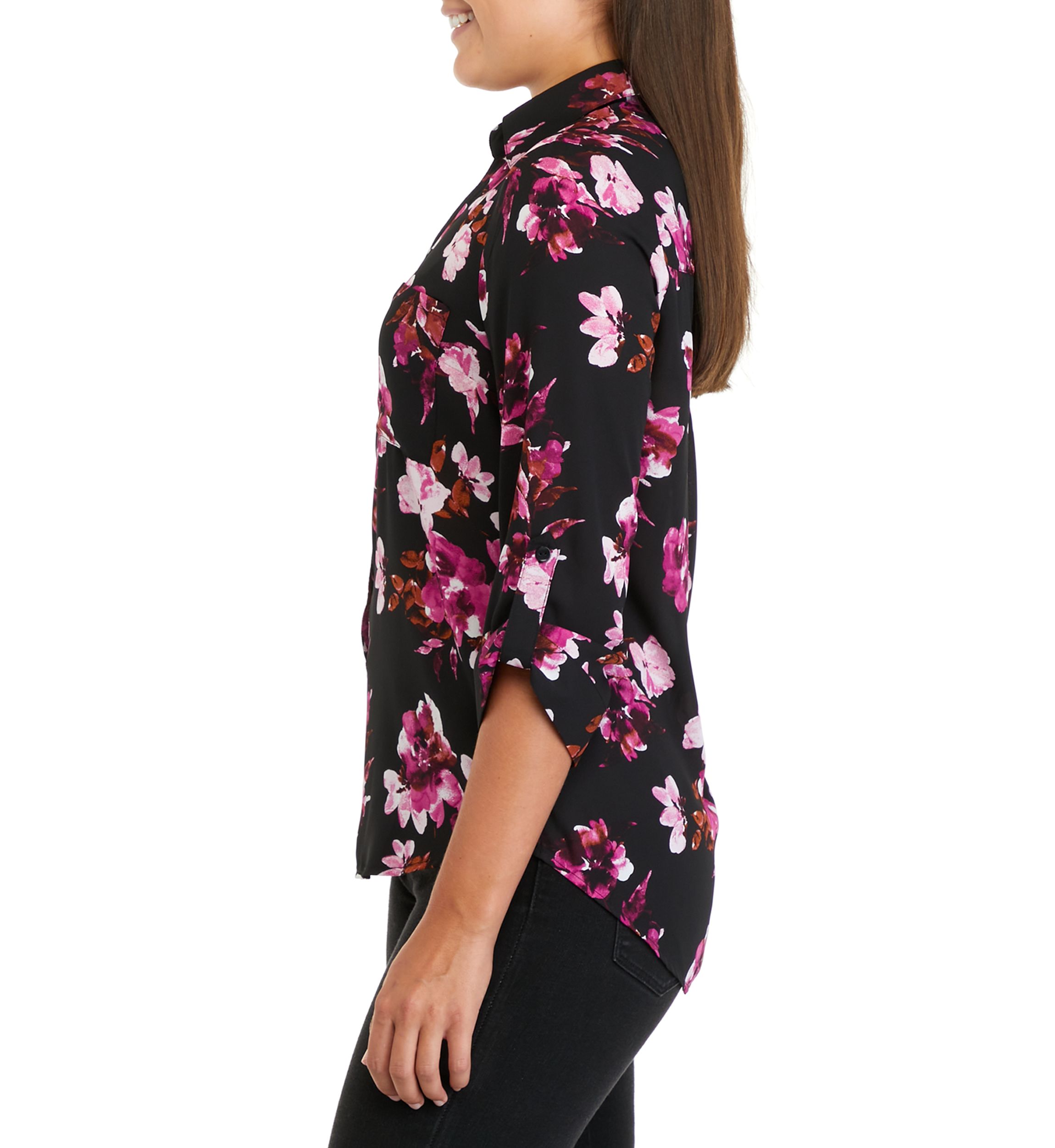 Juniors 3/4 Sleeve Floral Print Portofino Button Down Shirt