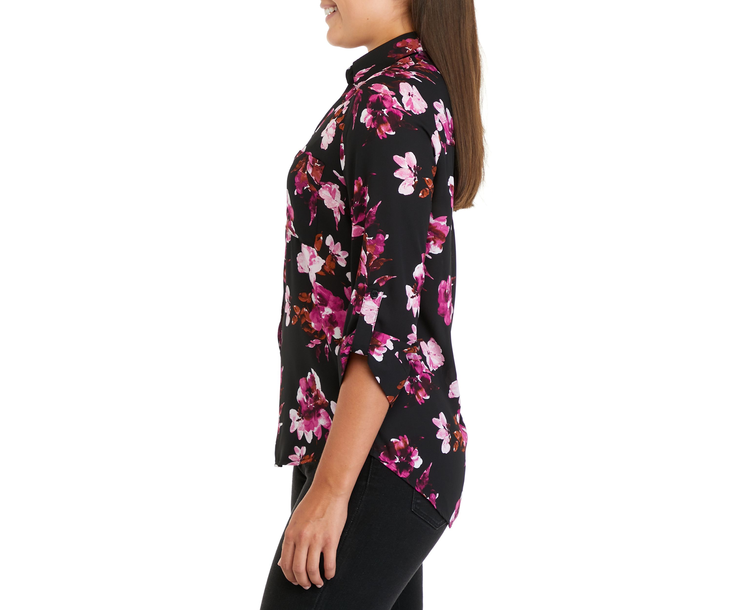 Juniors 3/4 Sleeve Floral Print Portofino Button Down Shirt