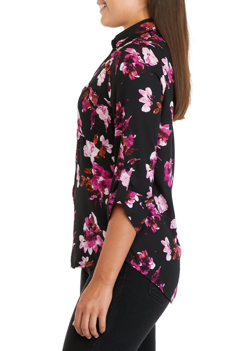 Juniors 3/4 Sleeve Floral Print Portofino Button Down Shirt
