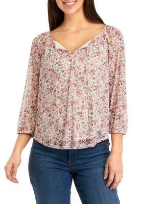 Juniors' 3/4 Sleeve Printed Mesh Peasant Top