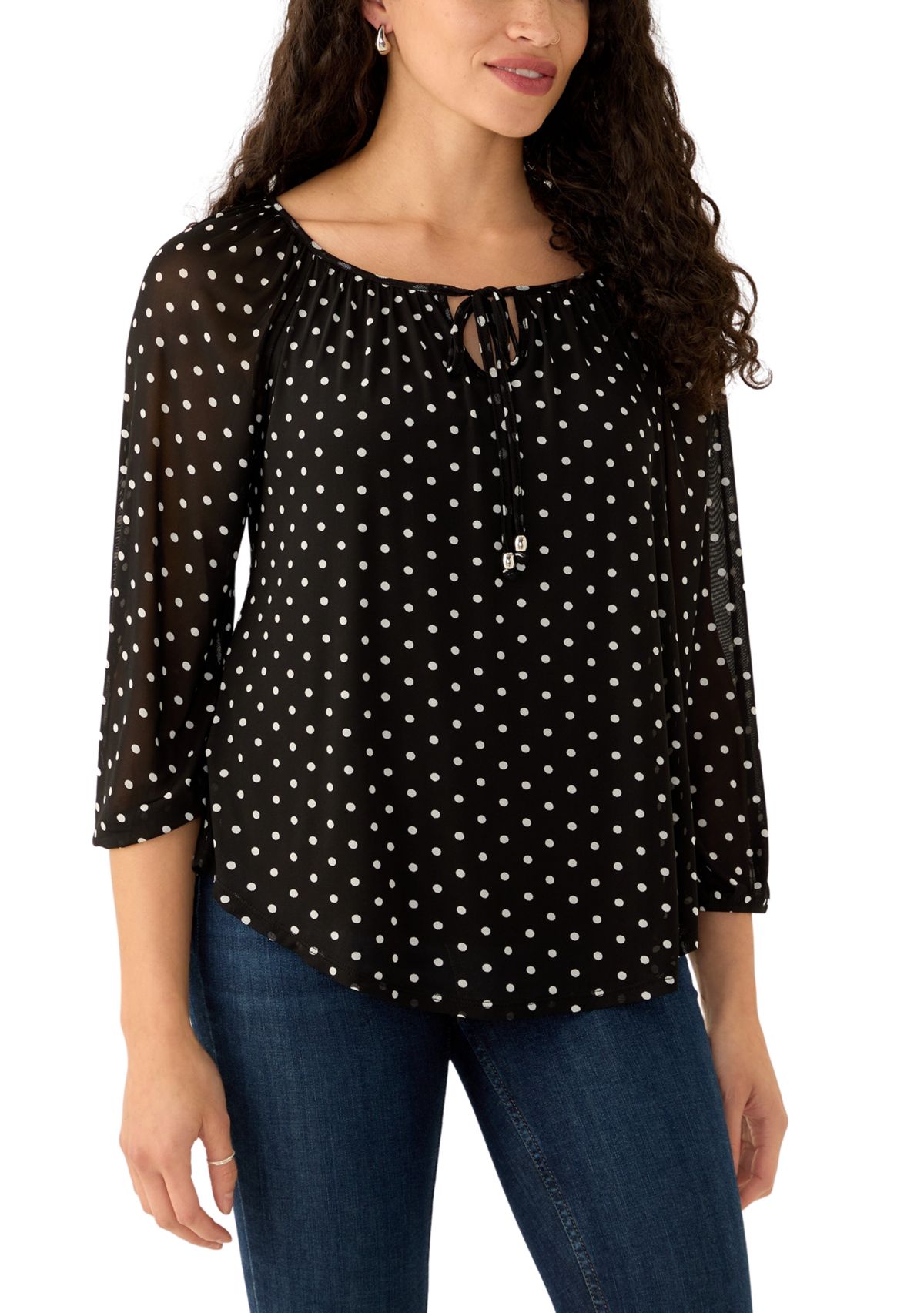 Womens Mesh Printed Peasant Top