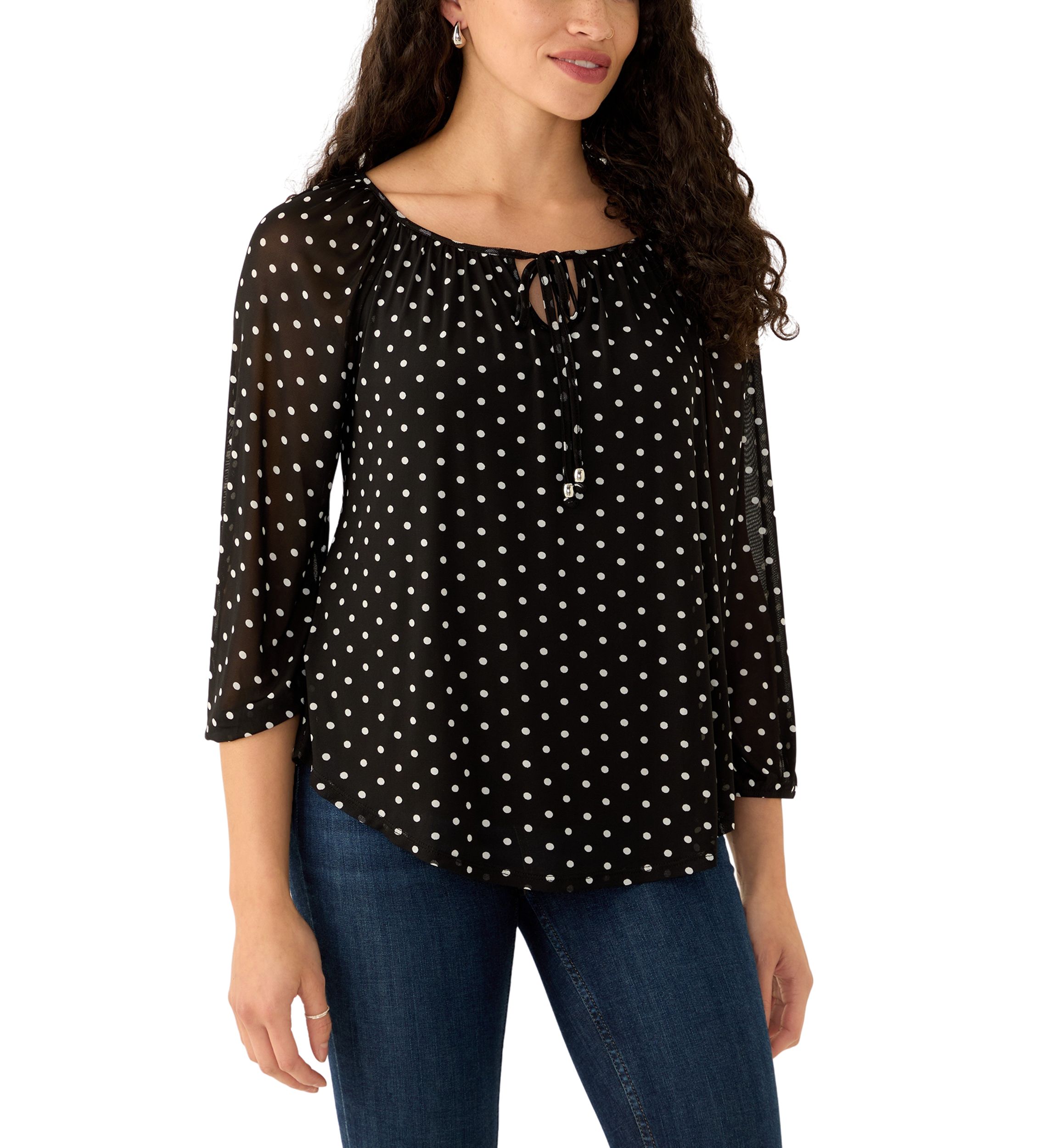 Womens Mesh Printed Peasant Top