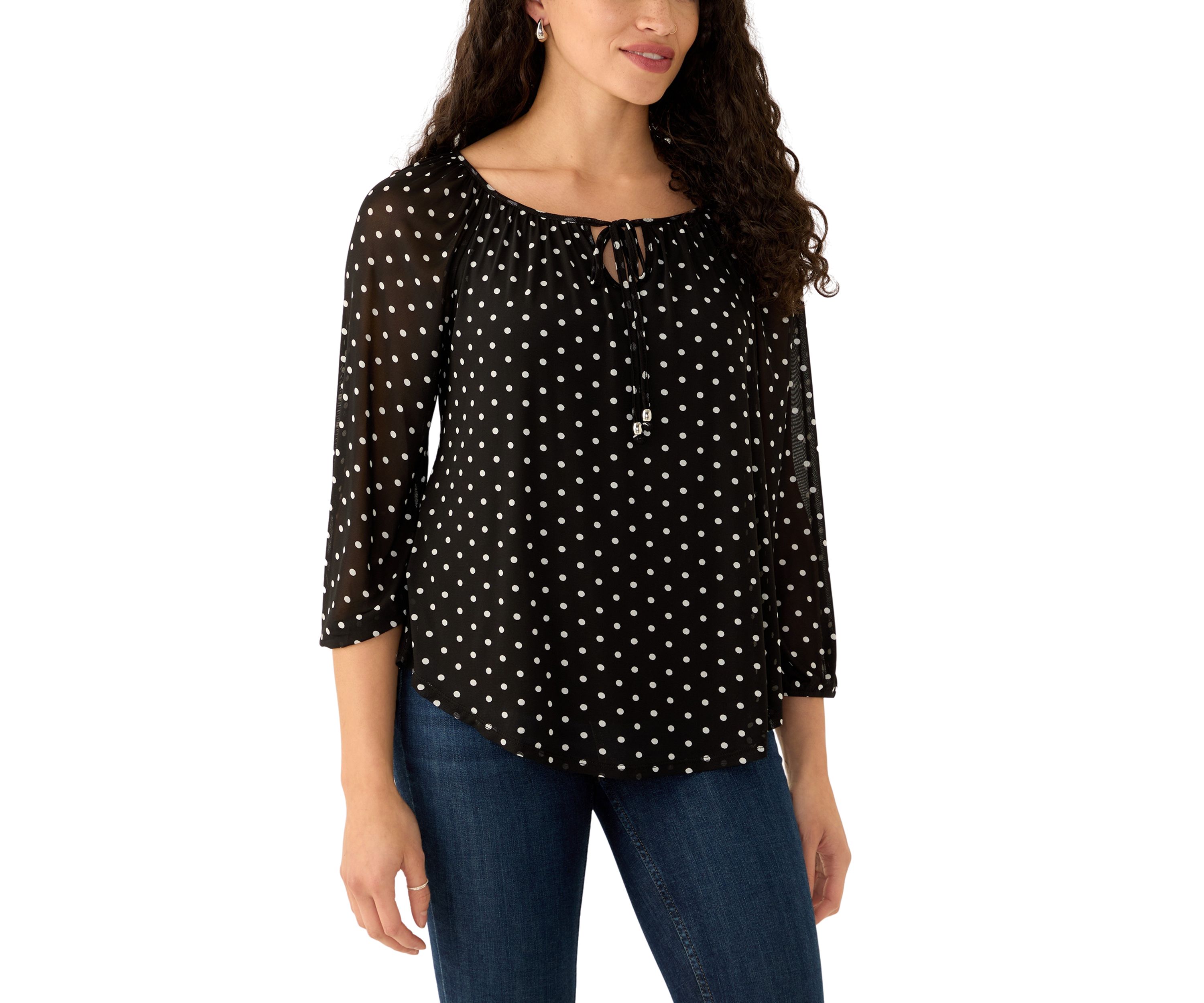 Womens Mesh Printed Peasant Top