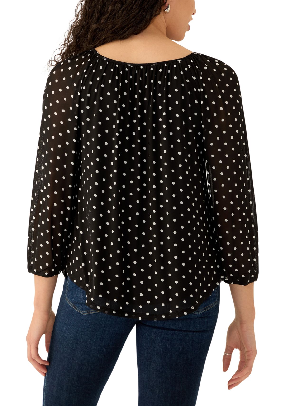 Womens Mesh Printed Peasant Top