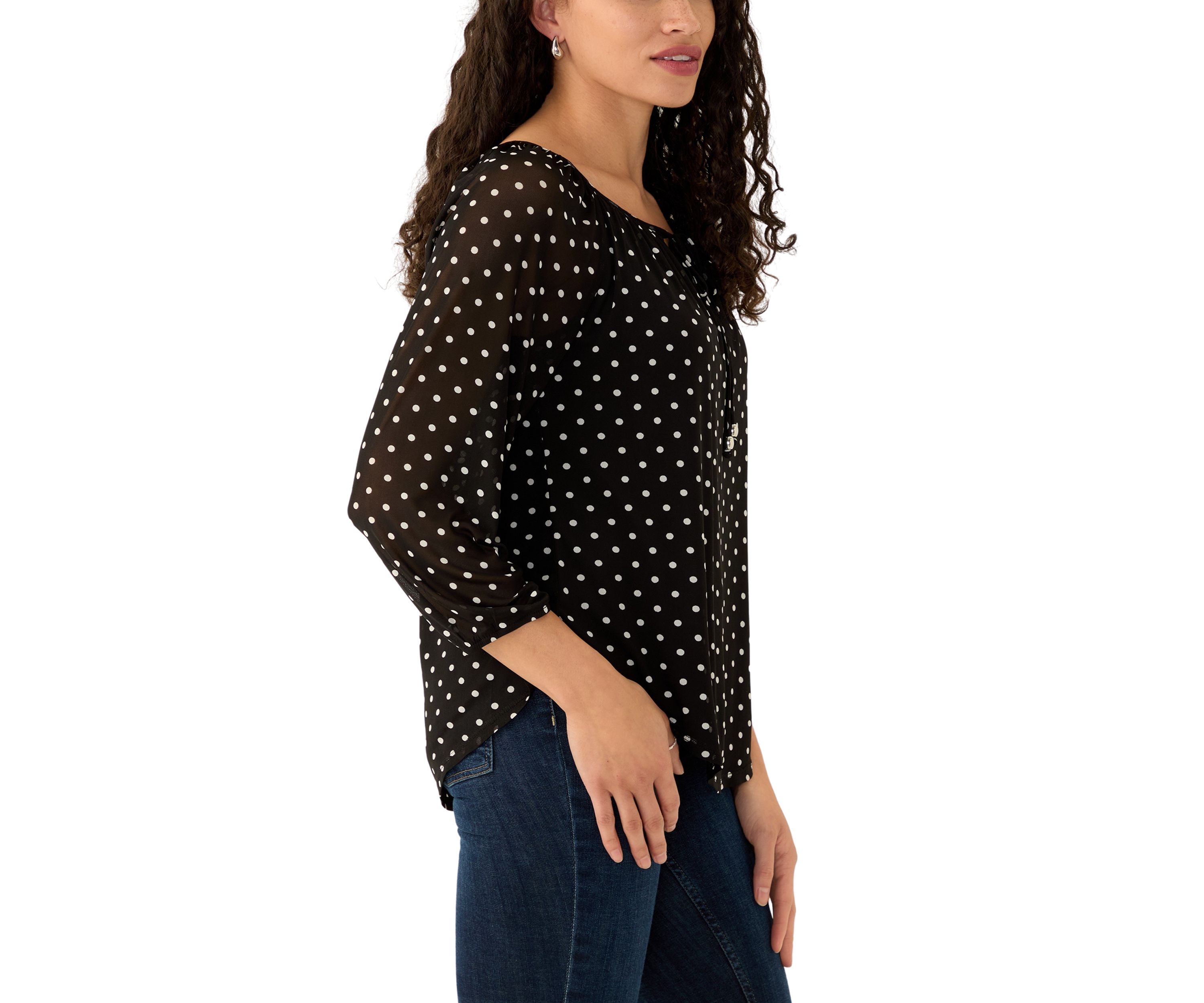 Womens Mesh Printed Peasant Top