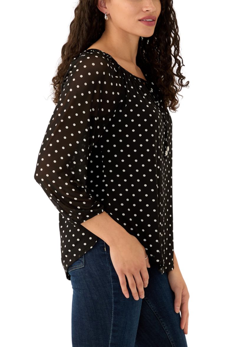 Womens Mesh Printed Peasant Top