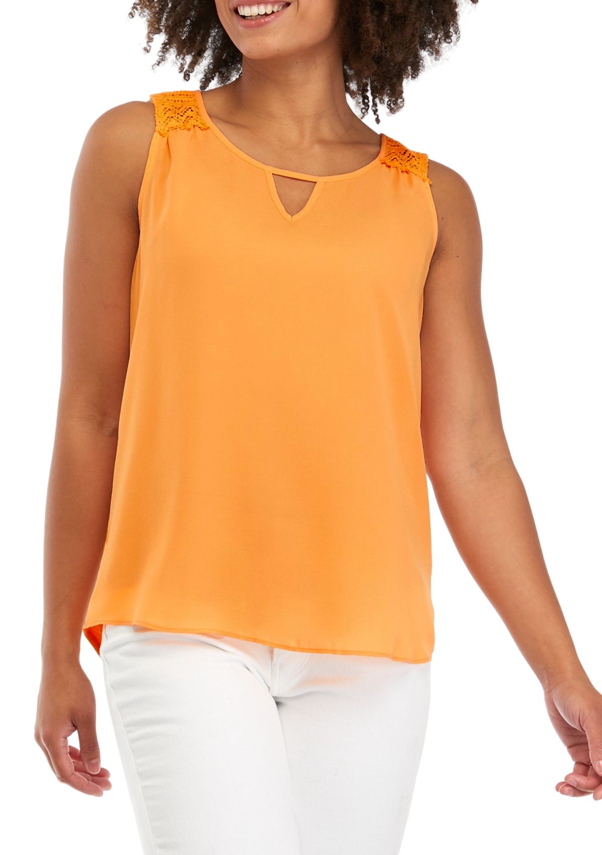 Womens Sleeveless Solid Knit Woven Keyhole Top