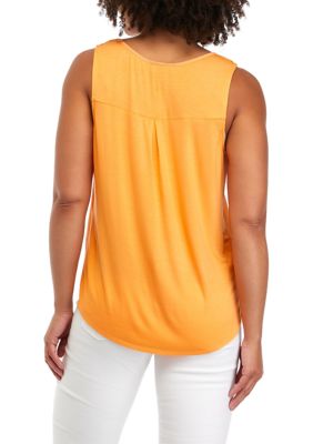 Juniors' Sleeveless Solid Knit Woven Keyhole Top