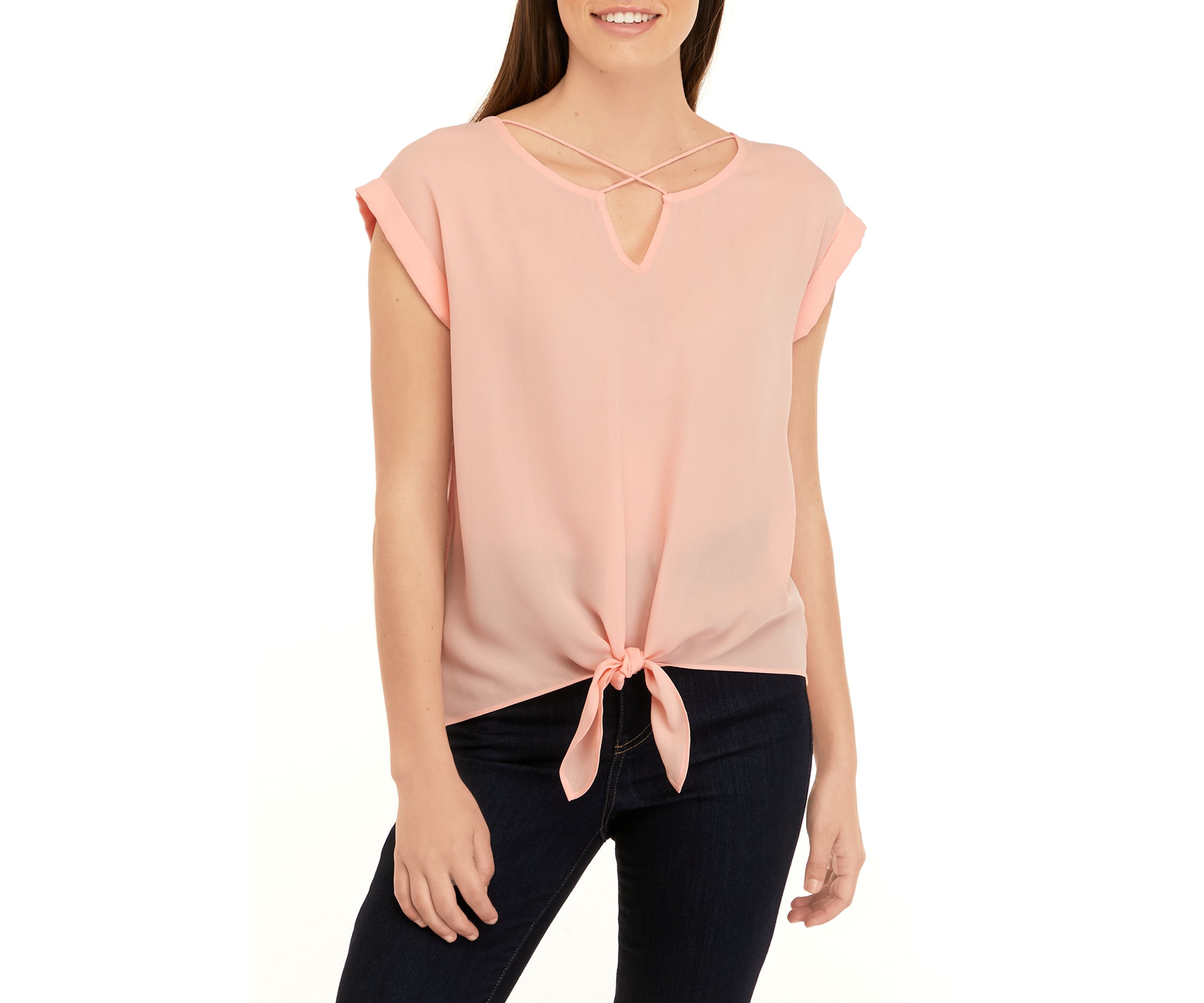 Juniors Short Sleeve Tie Front Top