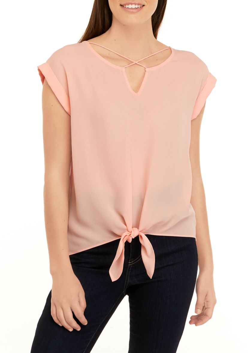 Juniors Short Sleeve Tie Front Top