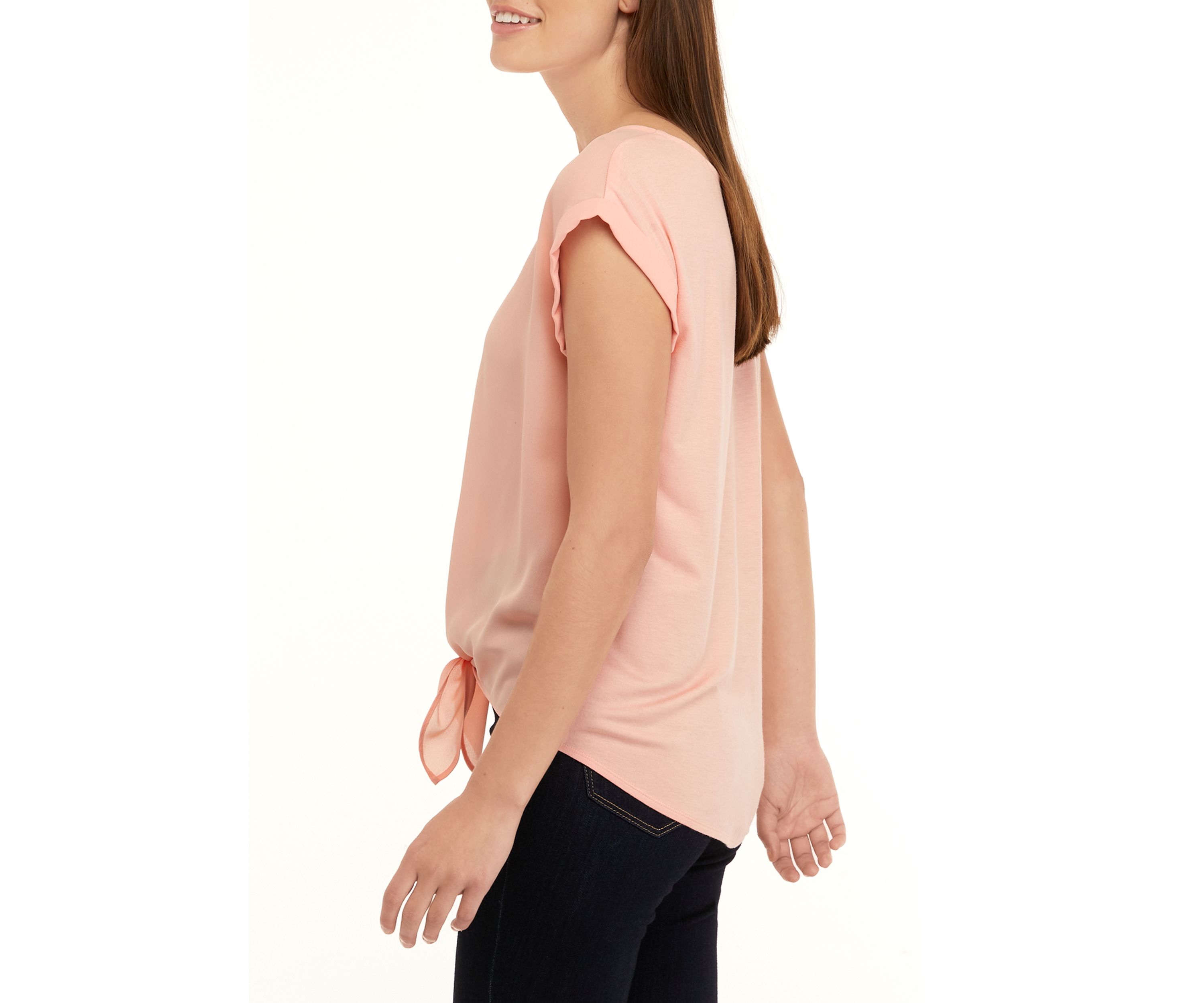 Juniors Short Sleeve Tie Front Top