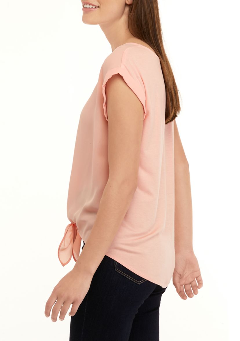 Juniors Short Sleeve Tie Front Top