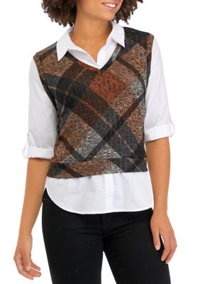 Juniors' Poplin Shirt and Plaid Knit Vest Set