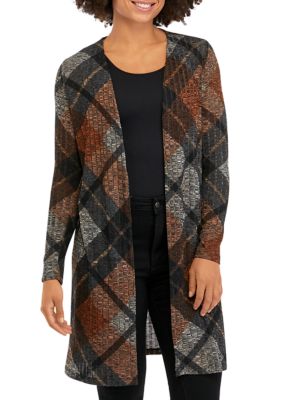 Juniors' Long Sleeve Printed Ribbed Knit Duster Cardigan