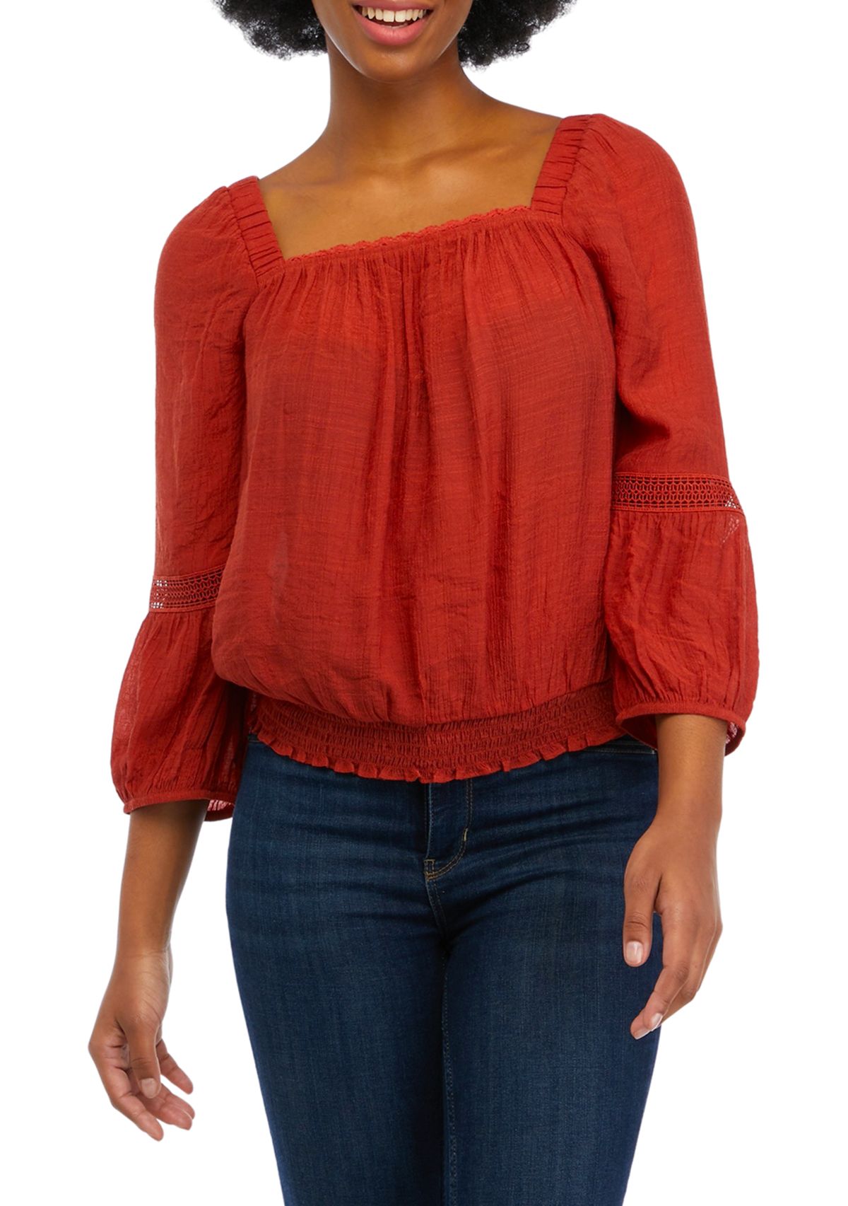 Womens 3/4 Sleeve Gauze Crochet Trim Shirt