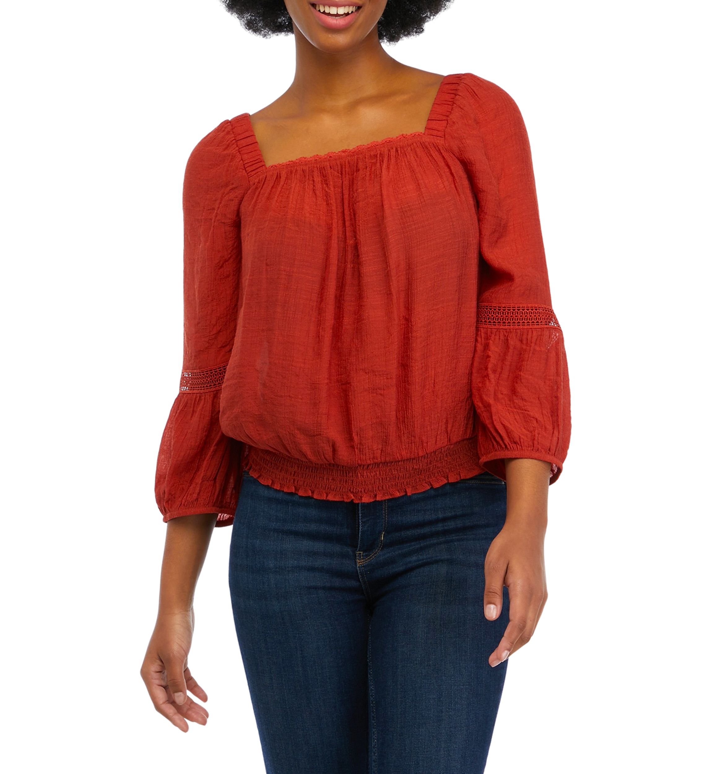 Womens 3/4 Sleeve Gauze Crochet Trim Shirt
