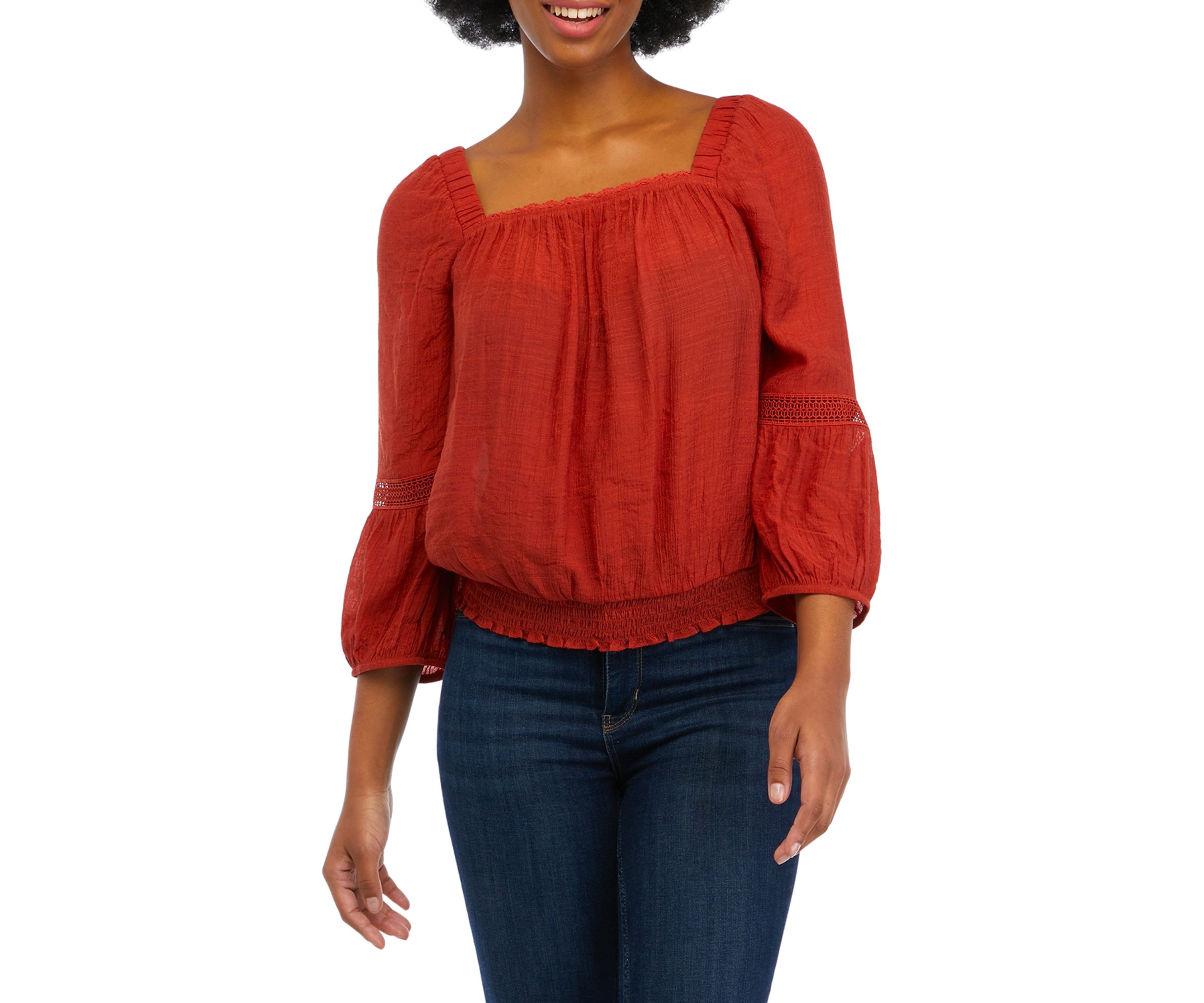 Juniors 3/4 Sleeve Gauze Crochet Trim Shirt