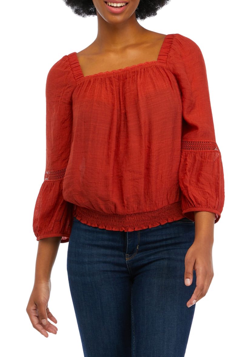 Juniors 3/4 Sleeve Gauze Crochet Trim Shirt