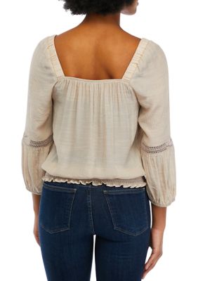 Juniors' 3/4 Sleeve Gauze Crochet Trim Shirt