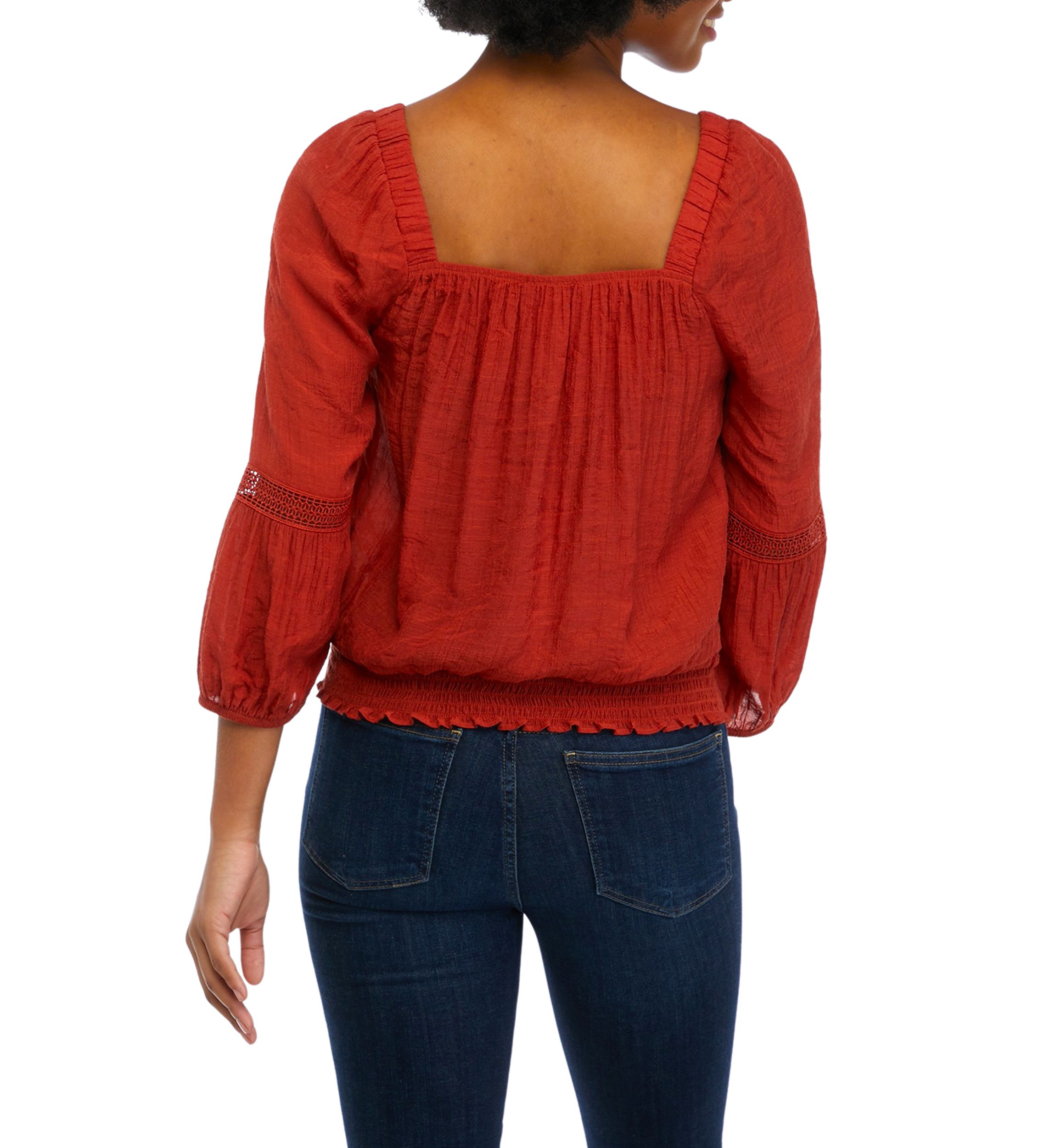 Womens 3/4 Sleeve Gauze Crochet Trim Shirt