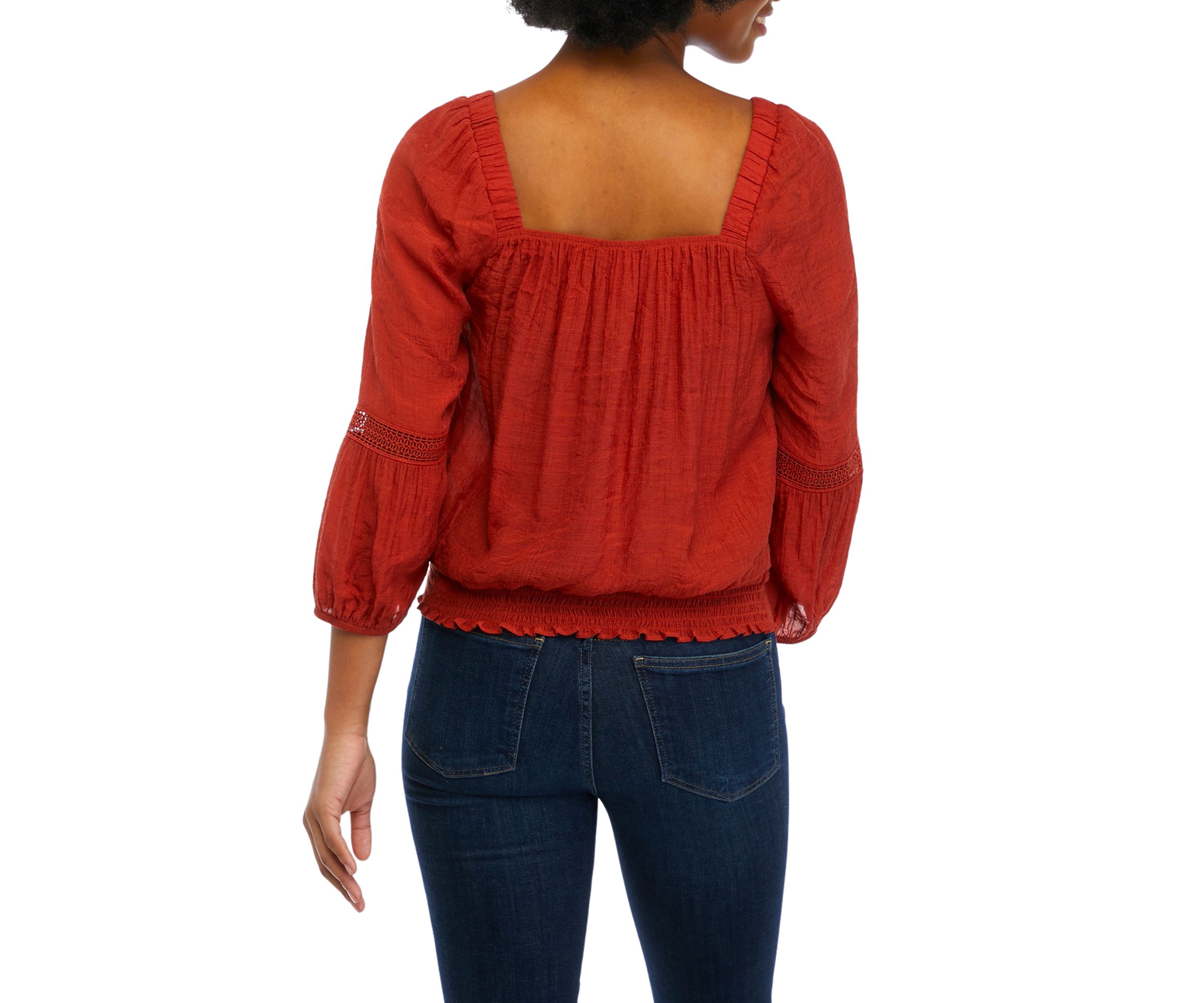 Juniors 3/4 Sleeve Gauze Crochet Trim Shirt