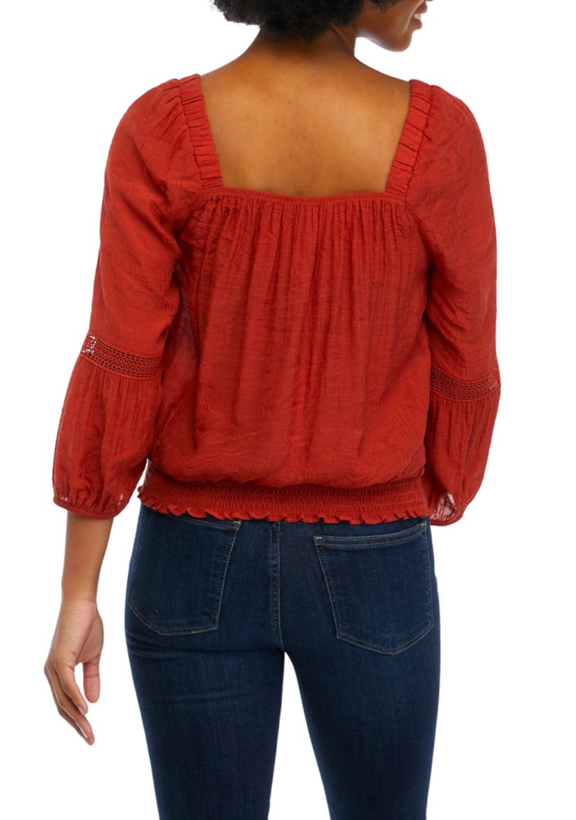 Juniors 3/4 Sleeve Gauze Crochet Trim Shirt