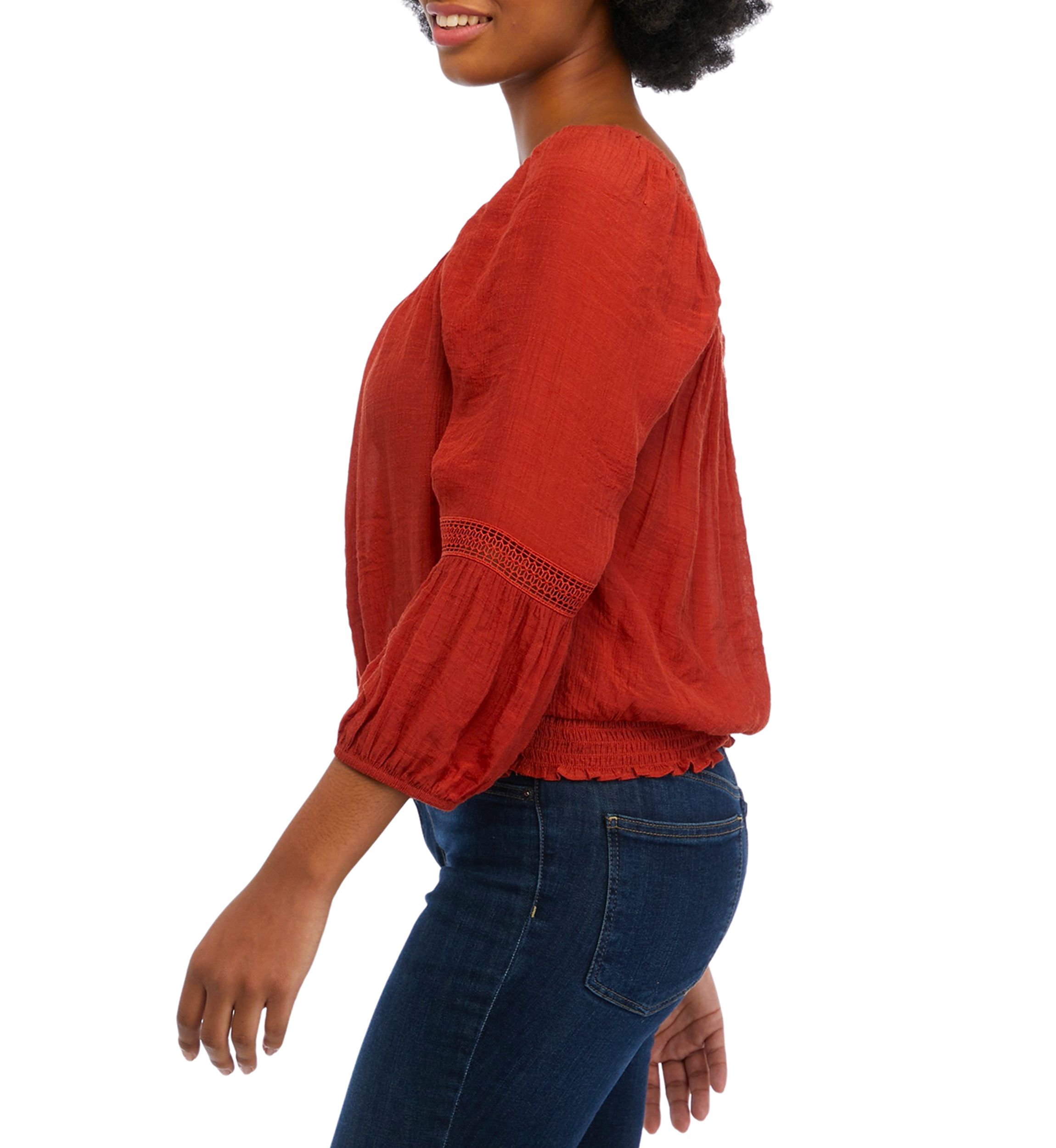 Womens 3/4 Sleeve Gauze Crochet Trim Shirt