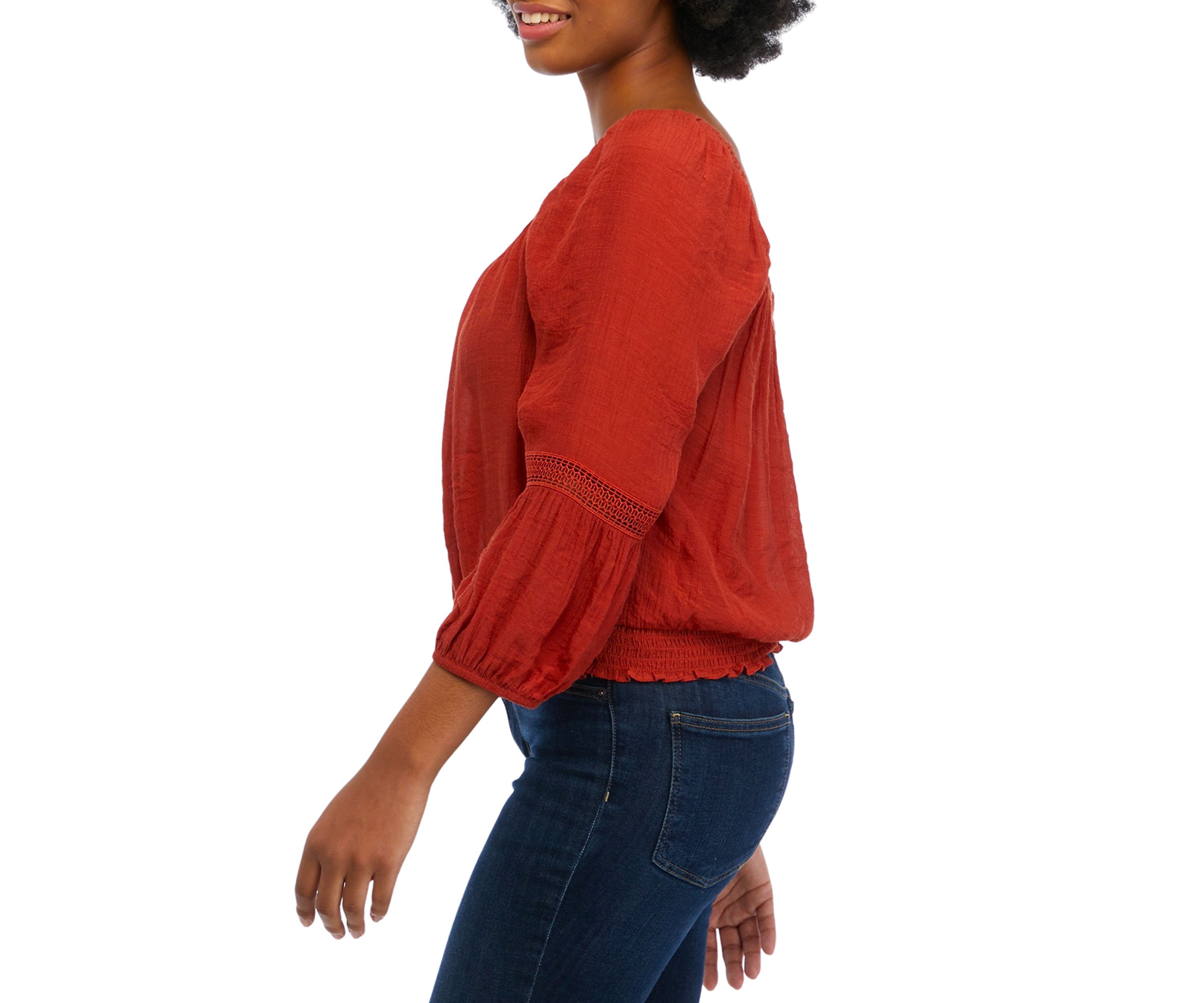 Juniors 3/4 Sleeve Gauze Crochet Trim Shirt