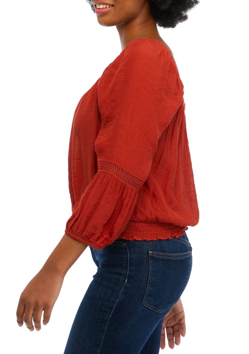Juniors 3/4 Sleeve Gauze Crochet Trim Shirt