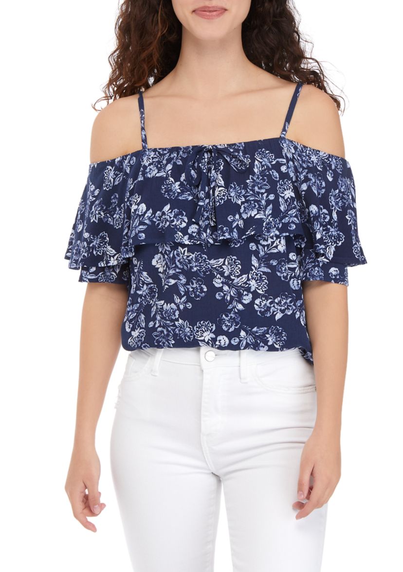 Juniors Short Sleeve Off the Shoulder Tie Band Bottom Top 