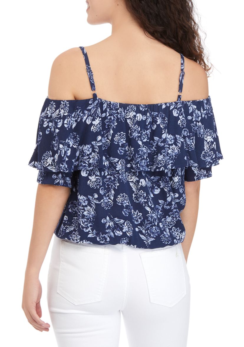 Juniors Short Sleeve Off the Shoulder Tie Band Bottom Top 
