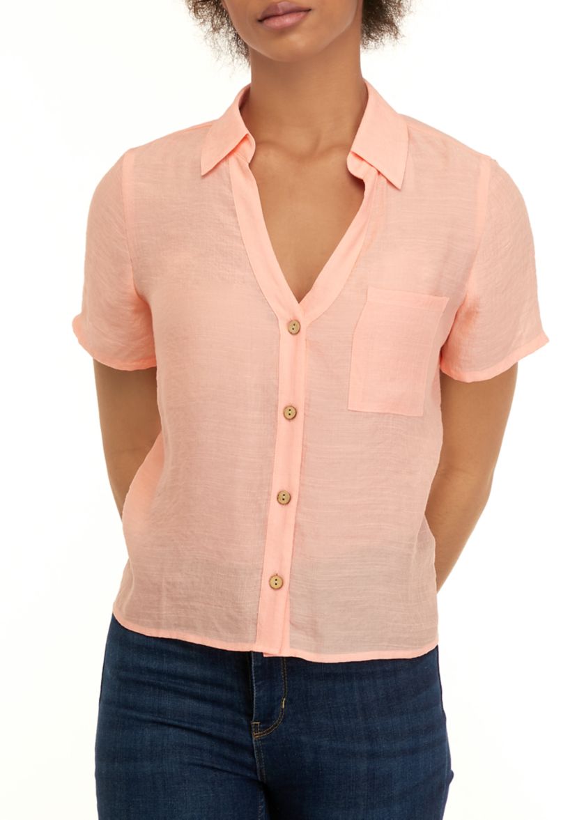 Juniors Short Sleeve Solid Cropped Shirt