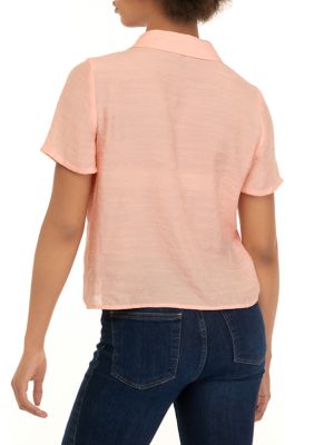 Juniors' Short Sleeve Solid Cropped Shirt